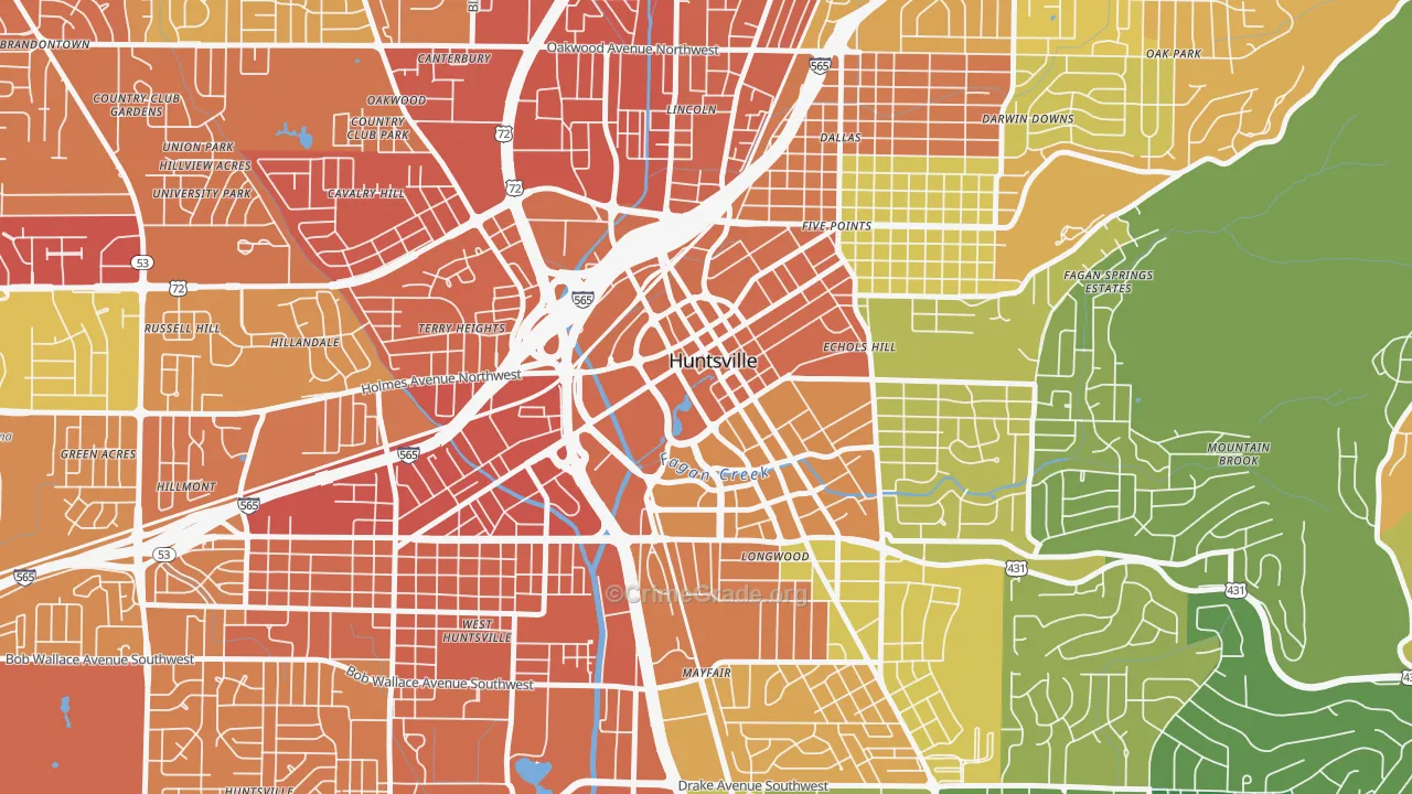 Downtown Huntsville, Huntsville, AL Map of Vandalism Rates