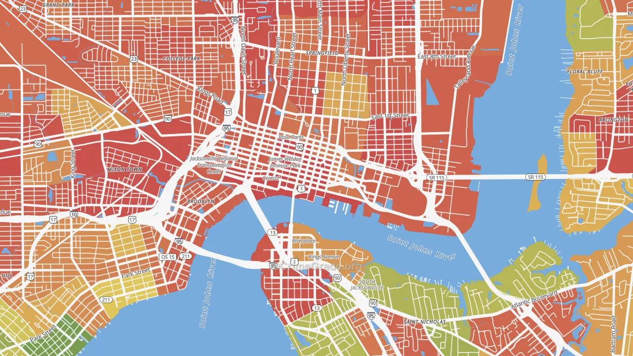 Downtown Jacksonville, Jacksonville, FL Map of Vandalism Rates