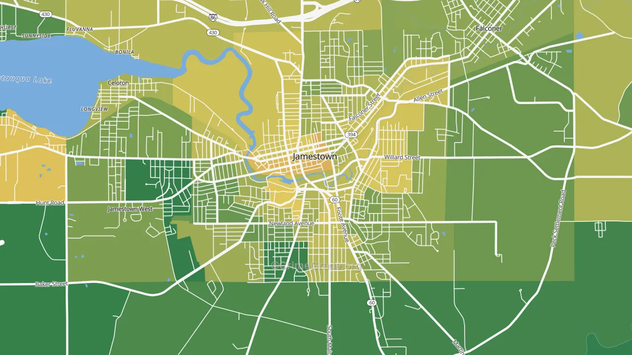 Downtown Jamestown, Jamestown, NY Map of Vandalism Rates