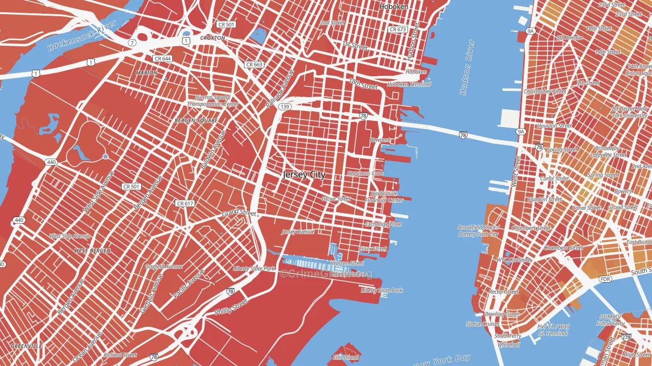 Downtown Jersey City, Jersey City, NJ Map of Vandalism Rates