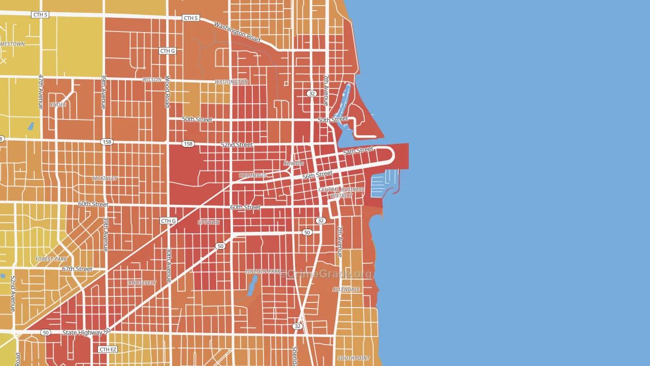Downtown, Kenosha, WI Map of Vandalism Rates