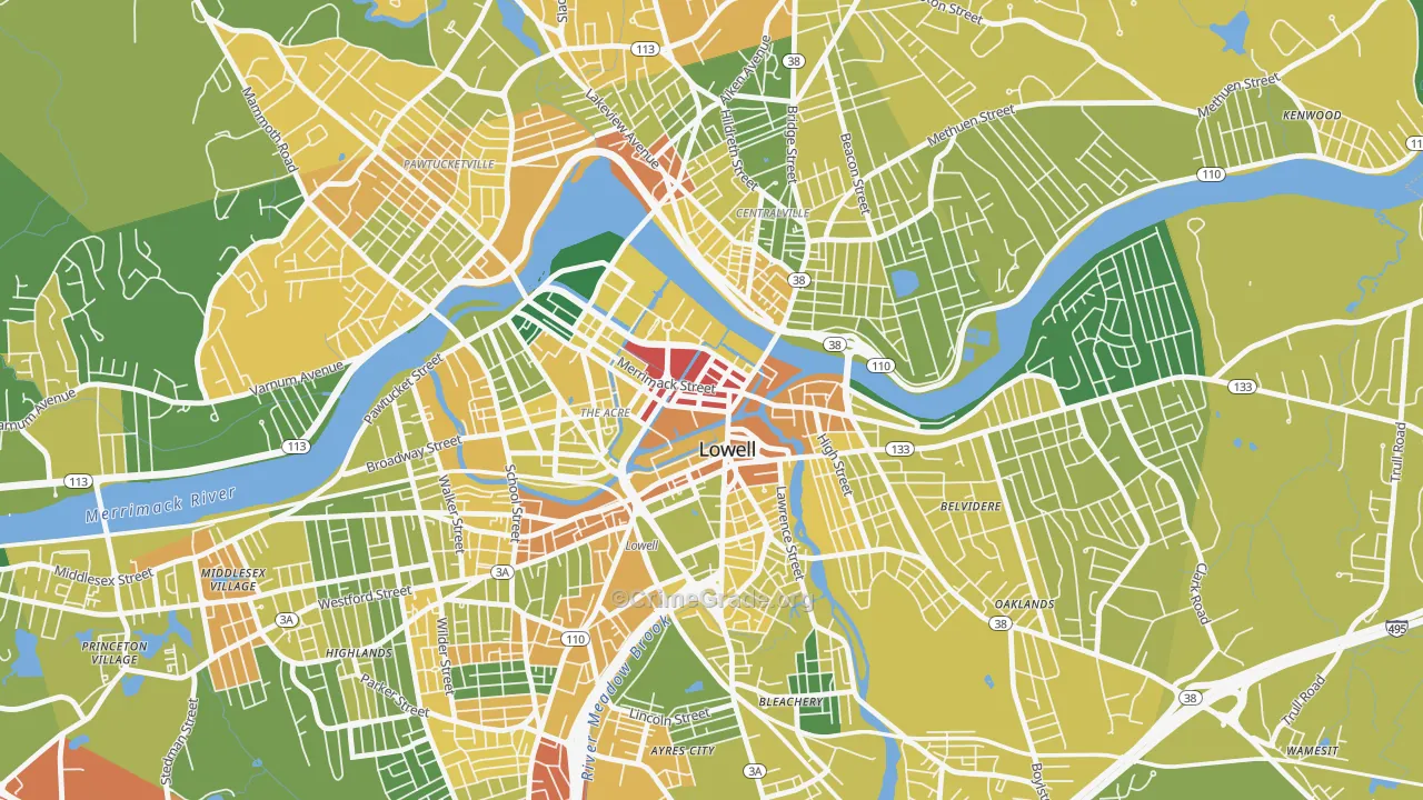 Downtown Lowell, Lowell, MA Map of Vandalism Rates