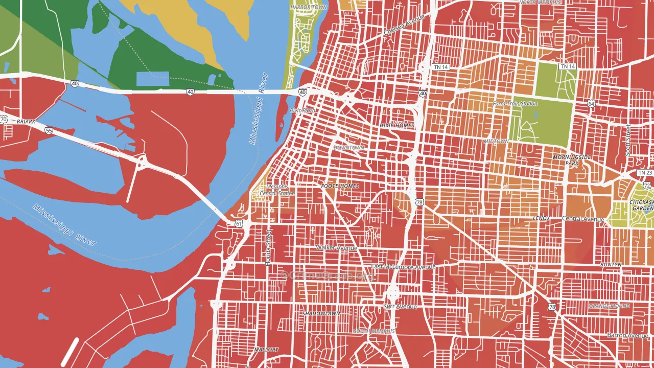 Downtown Memphis, Memphis, TN Map of Vandalism Rates
