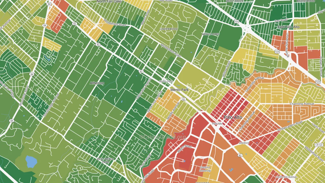 Downtown Menlo Park, Menlo Park, CA Map of Vandalism Rates