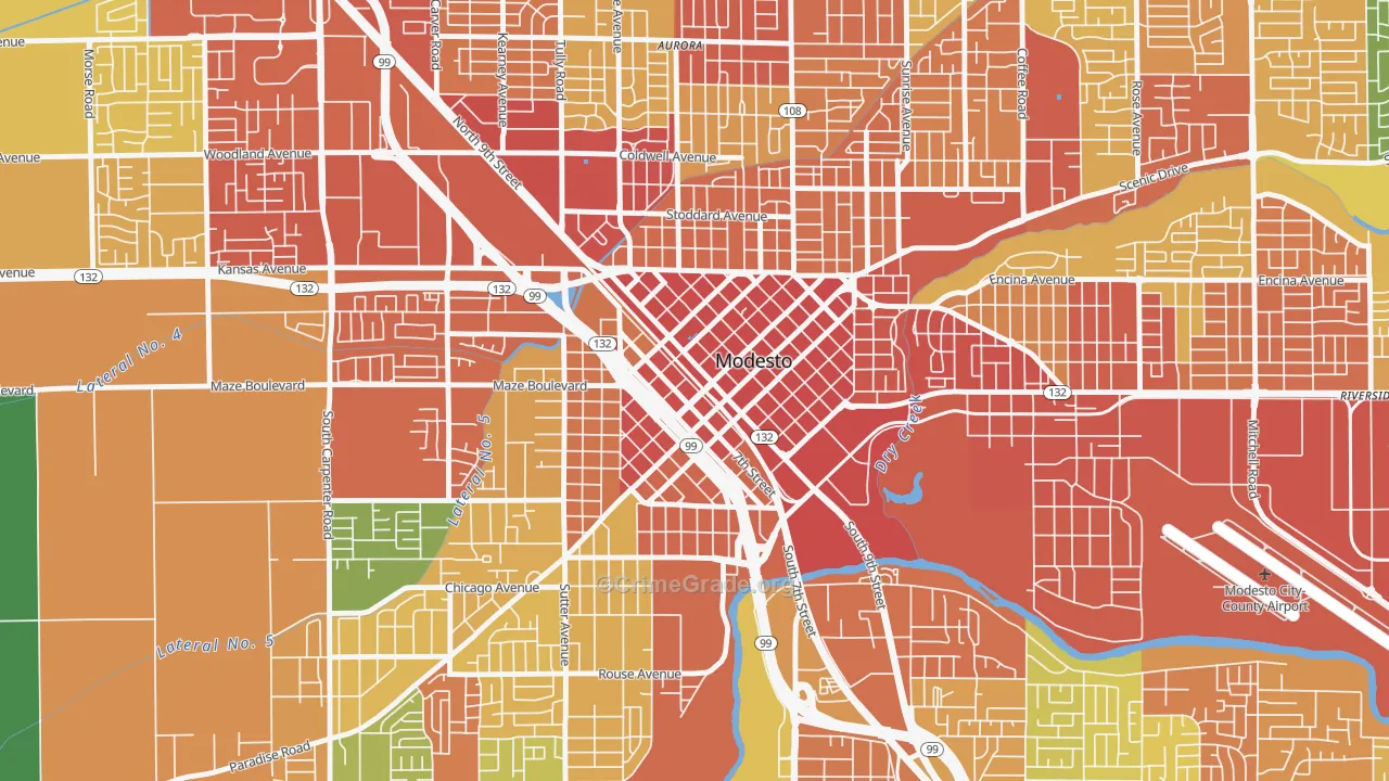Downtown Modesto, Modesto, CA Map of Vandalism Rates