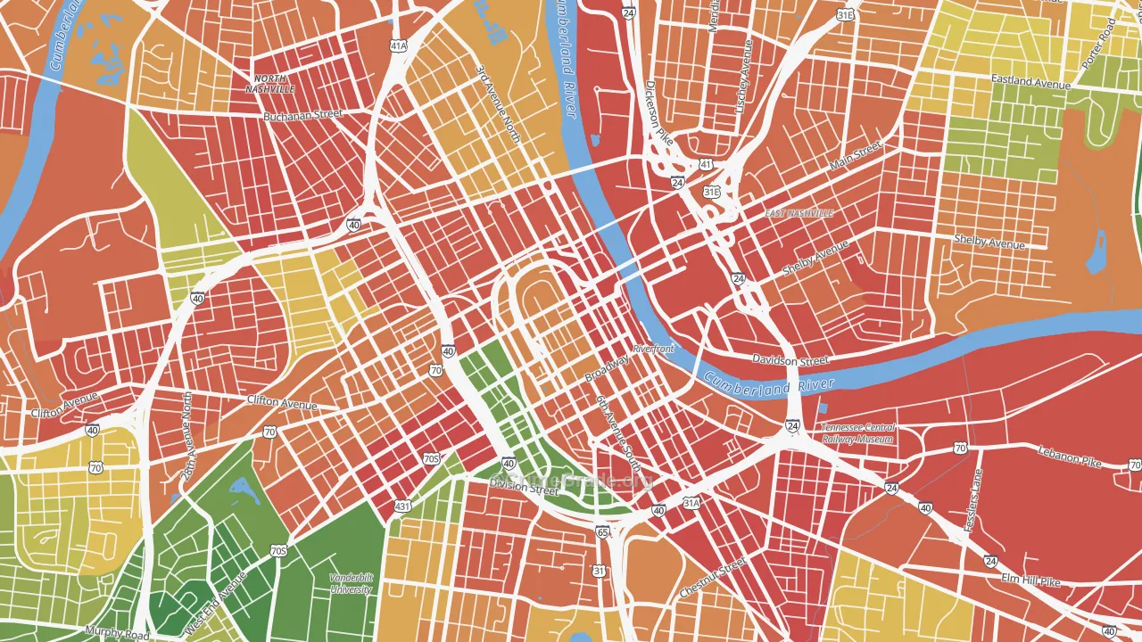 Downtown Nashville, Nashville, TN Map of Vandalism Rates