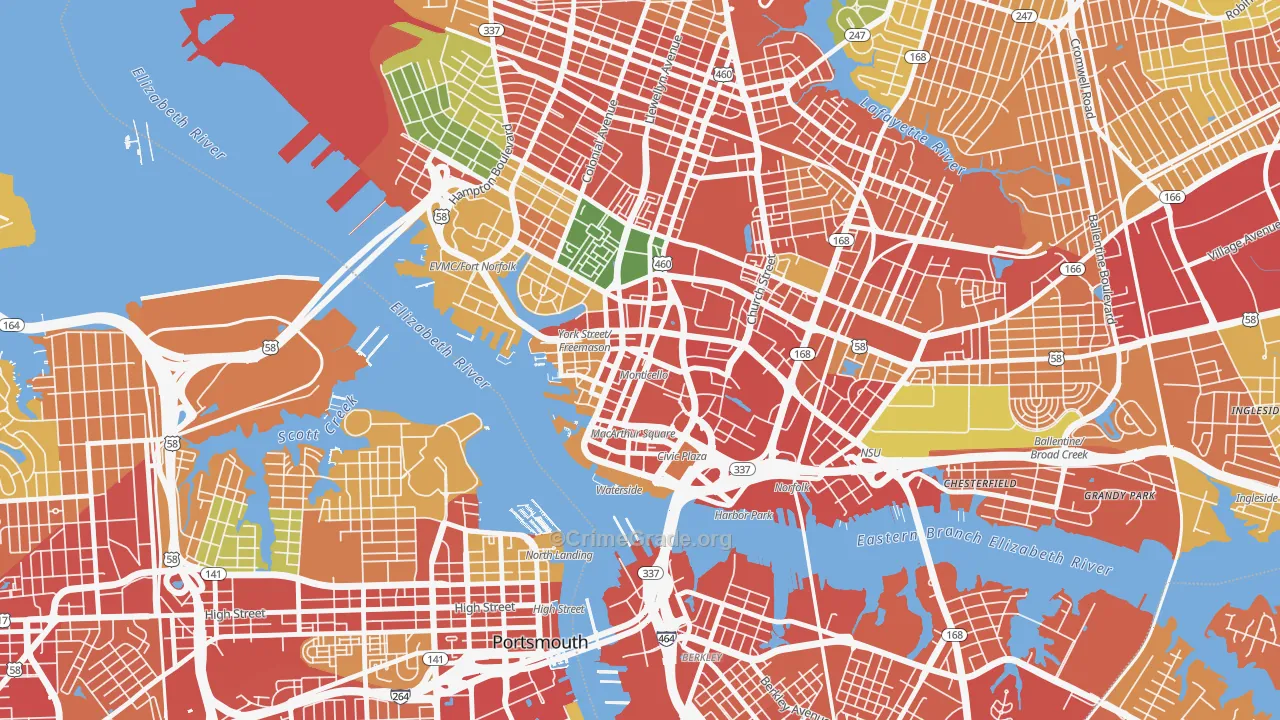 Downtown Norfolk, Norfolk, VA Map of Vandalism Rates