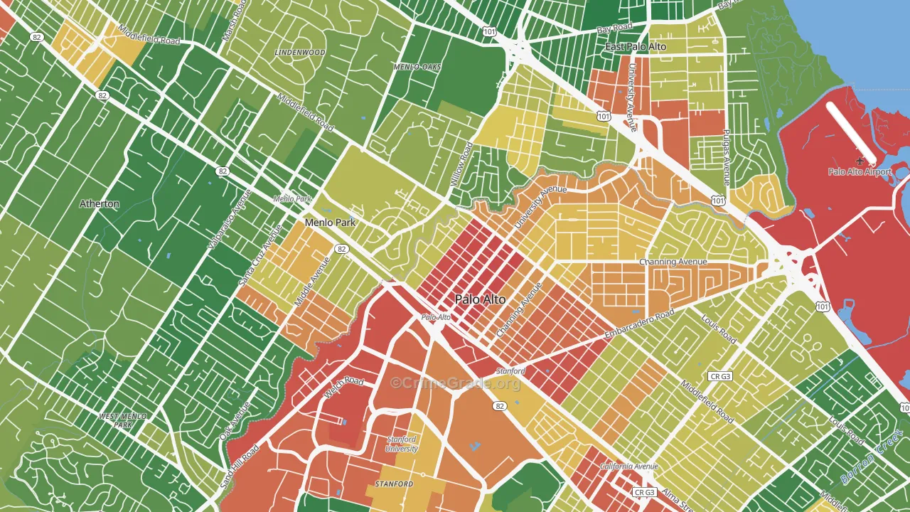 Downtown North San Jose, Palo Alto, CA Map of Vandalism Rates