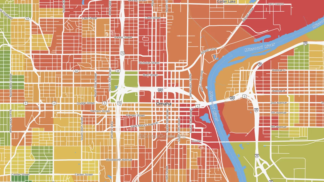 Downtown Omaha, Omaha, NE Map of Vandalism Rates