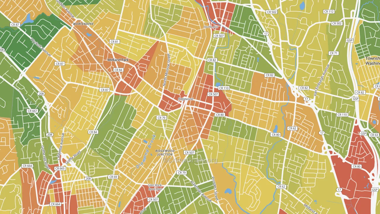Downtown Ridgewood, Ridgewood, NJ Map of Vandalism Rates