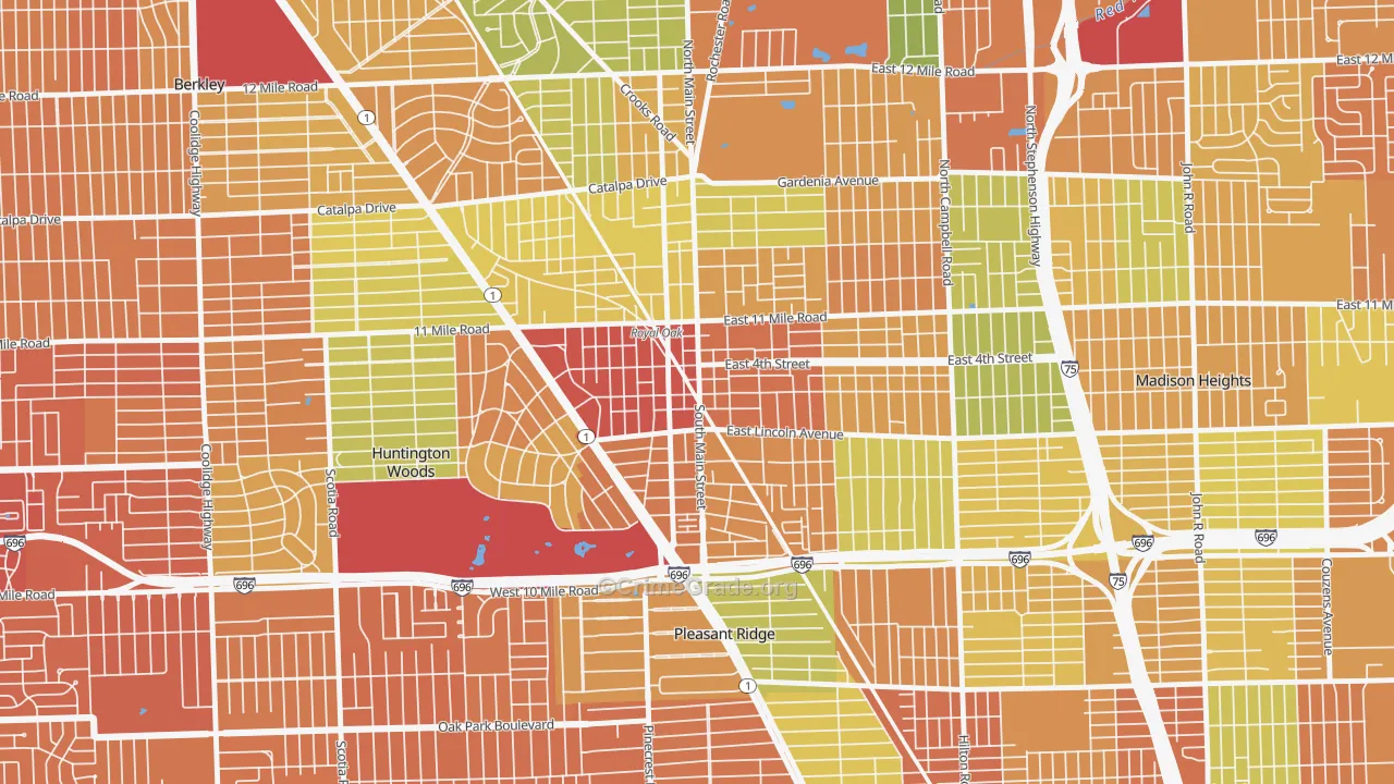 Downtown Royal Oak, Royal Oak, MI Map of Vandalism Rates