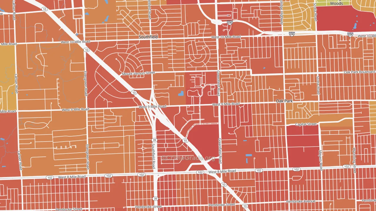 Downtown Southfield, Southfield, MI Map of Vandalism Rates