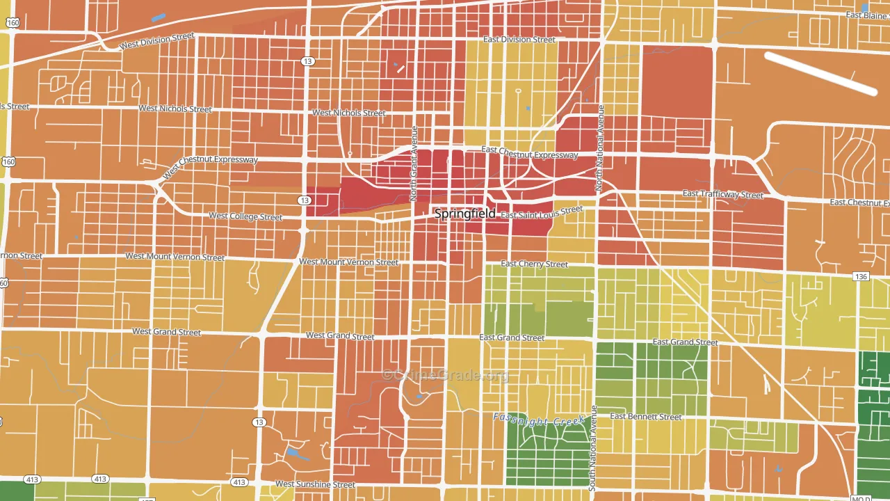 Downtown Springfield, Springfield, MO Map of Vandalism Rates
