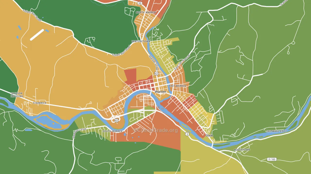 Downtown Warren, Warren, PA Map of Vandalism Rates