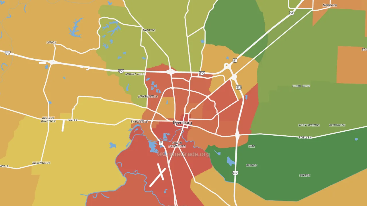Dyersburg, TN Map of Vandalism Rates
