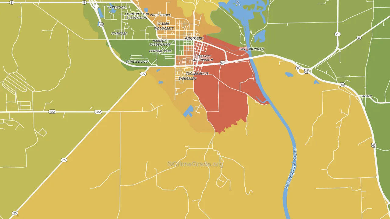 East Aberdeen, MS Map of Vandalism Rates