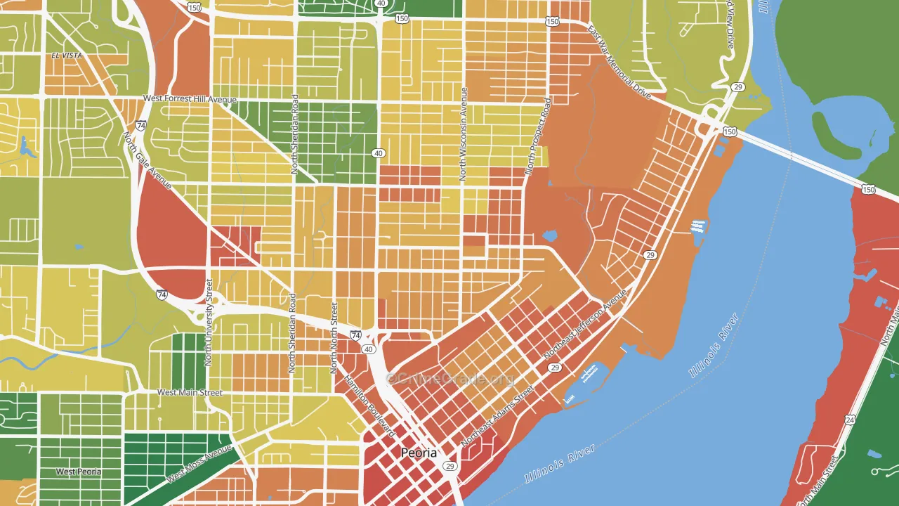East Bluff, Peoria, IL Map of Vandalism Rates