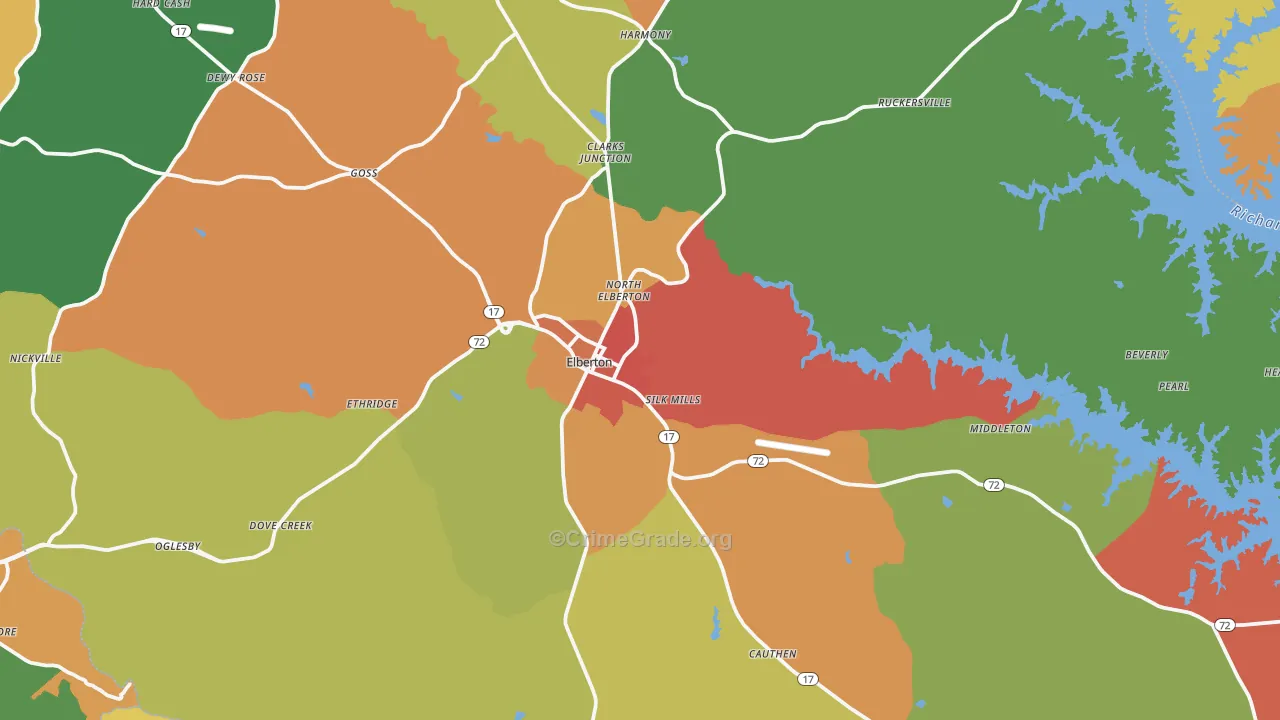 Elberton, GA Map of Vandalism Rates