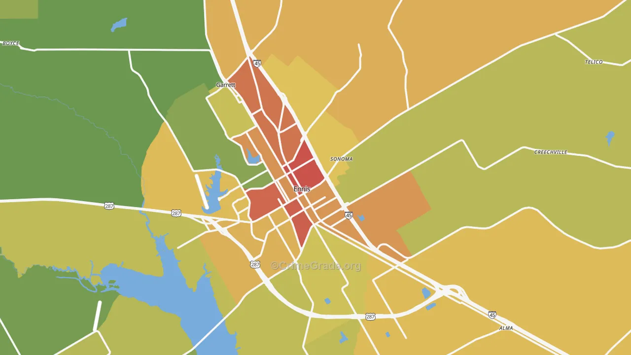 Ennis, TX Map of Vandalism Rates