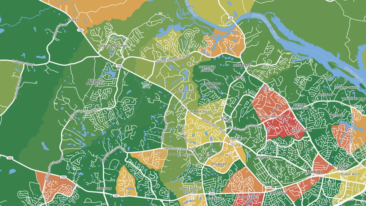 Evans, GA Map of Vandalism Rates