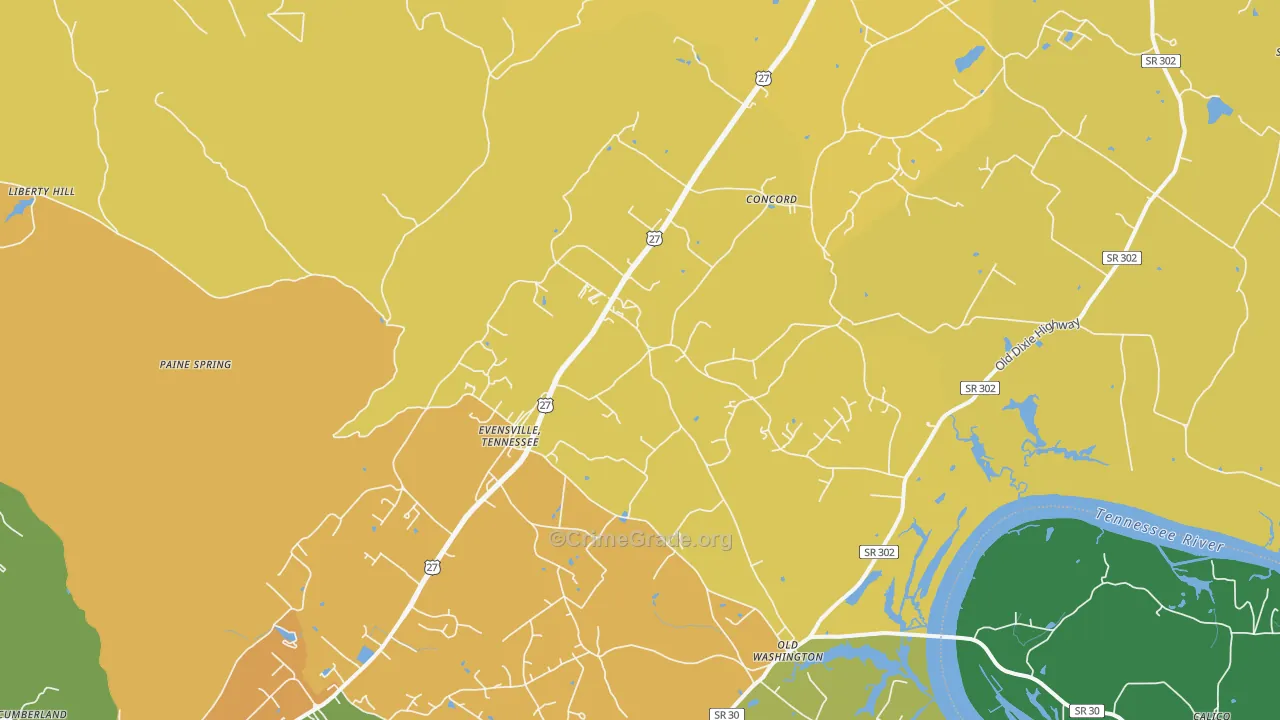 Evensville, TN Map of Vandalism Rates