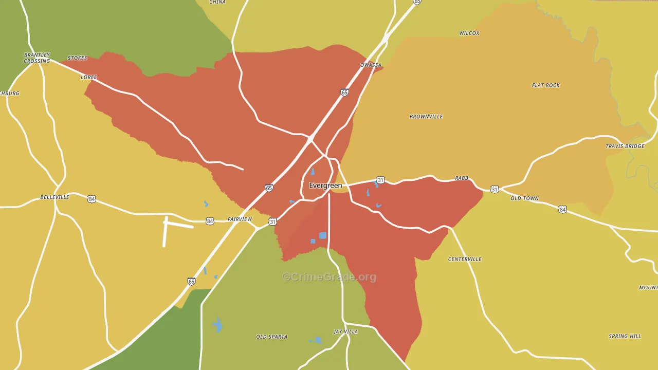 Evergreen, AL Map of Vandalism Rates