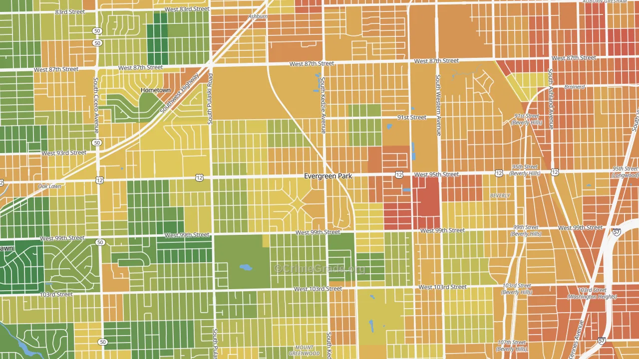 Evergreen Park, IL Map of Vandalism Rates