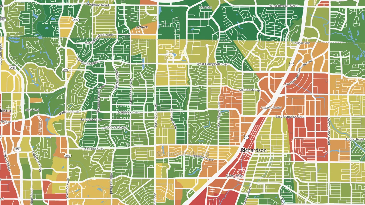 Far North Dallas-Richardson, Richardson, TX Map of Vandalism Rates