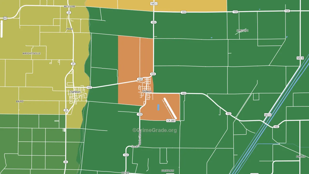 Gideon, MO Map of Vandalism Rates