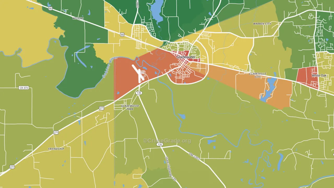 Gladewater, TX Map of Vandalism Rates