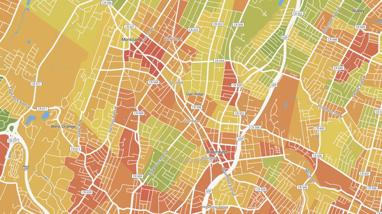 Glen Ridge, NJ Map of Vandalism Rates