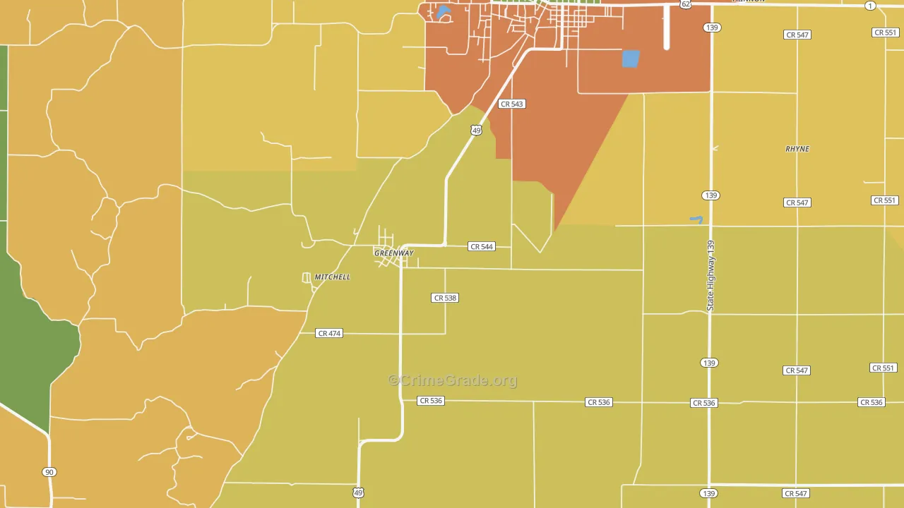 Greenway, AR Map of Vandalism Rates