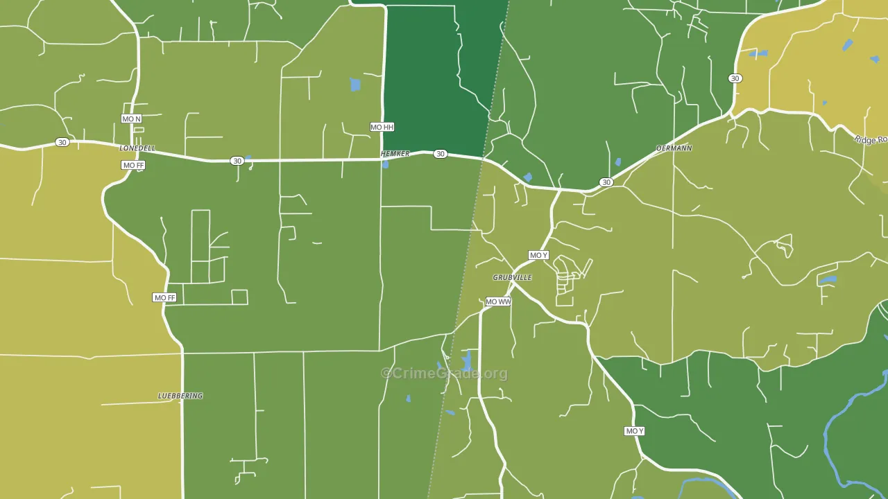 Grubville, MO Map of Vandalism Rates