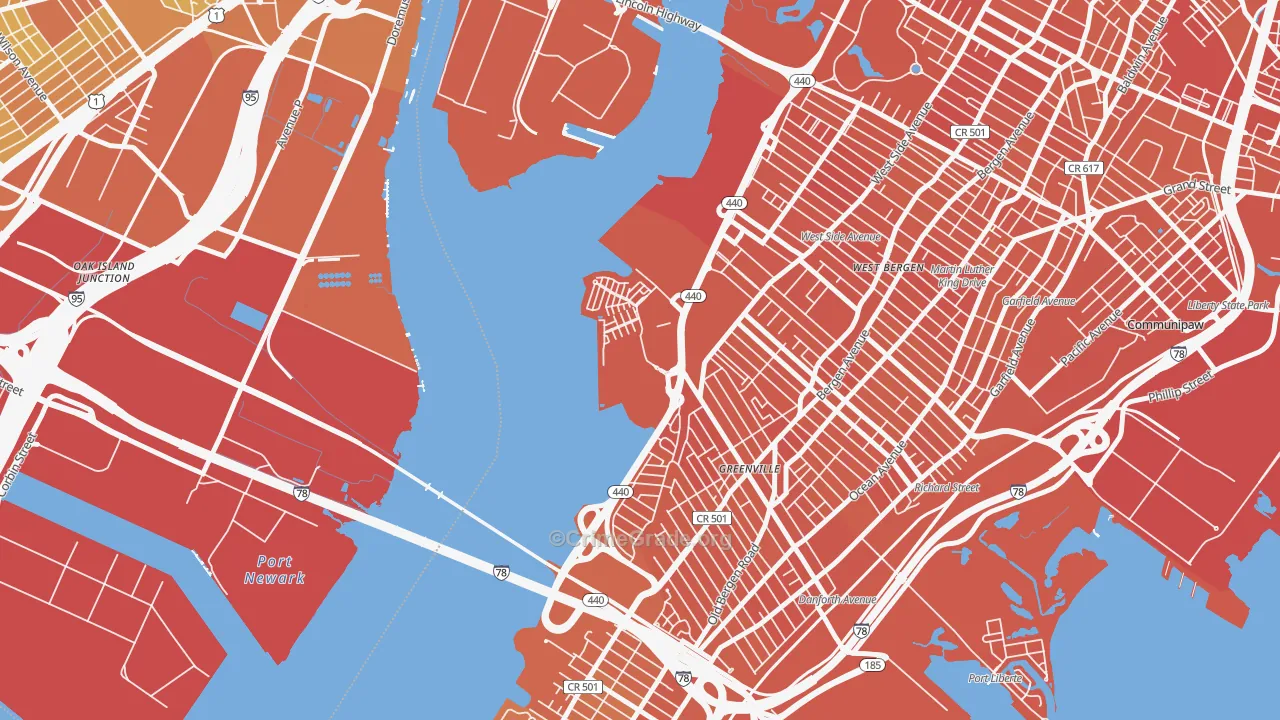 Hackensack Riverfront, Jersey City, NJ Map of Vandalism Rates