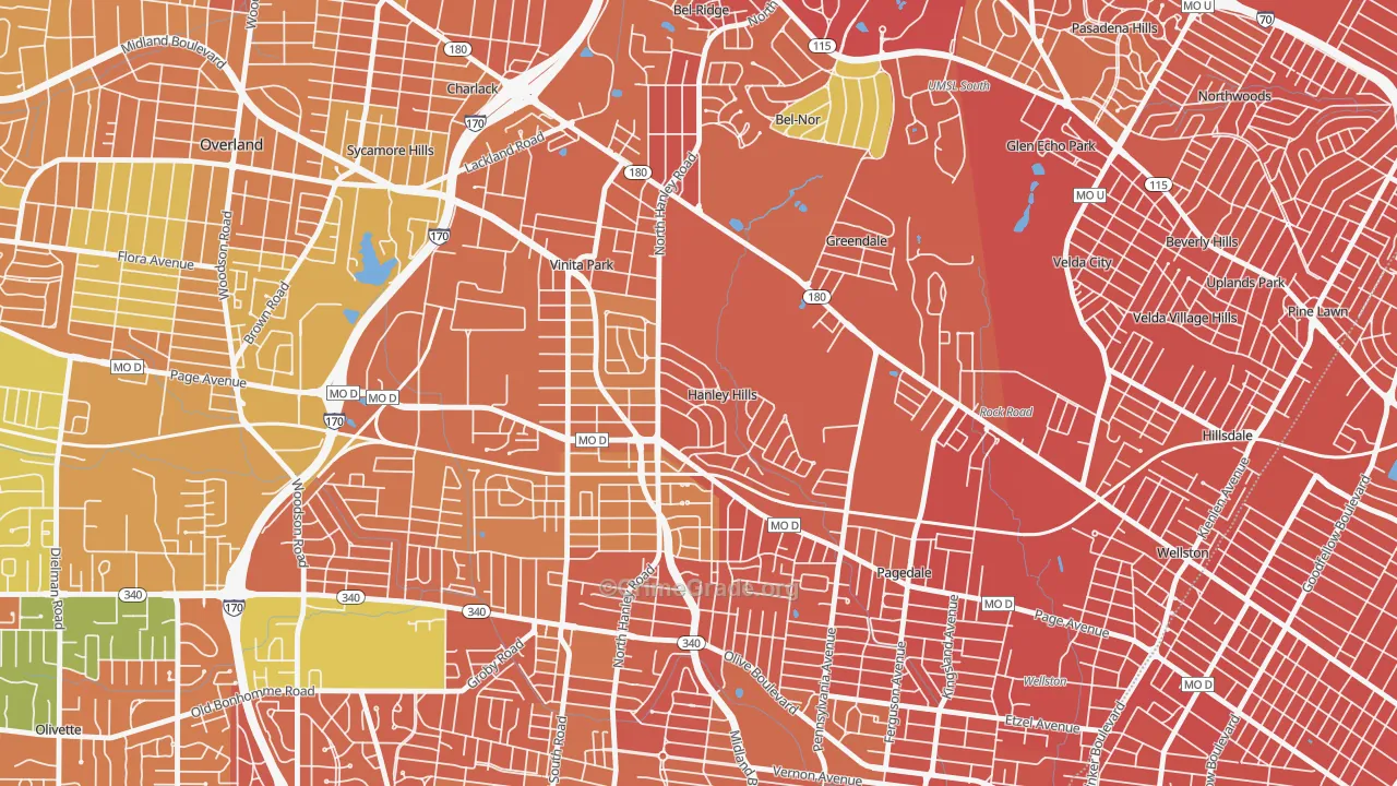 Hanley Hills, MO Map of Vandalism Rates