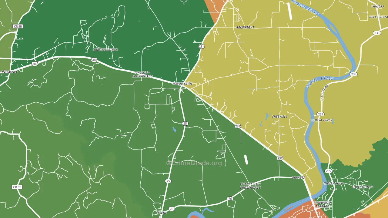 Harpersville, AL Map of Vandalism Rates