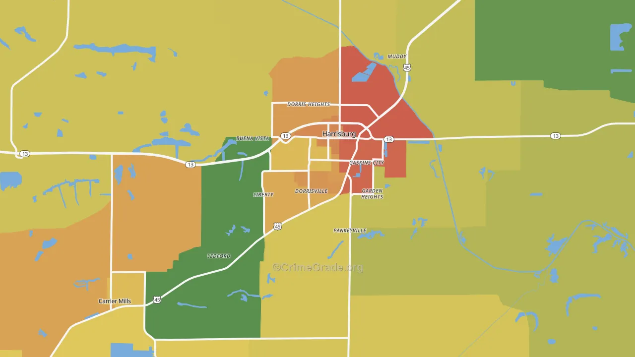 Harrisburg, IL Map of Vandalism Rates