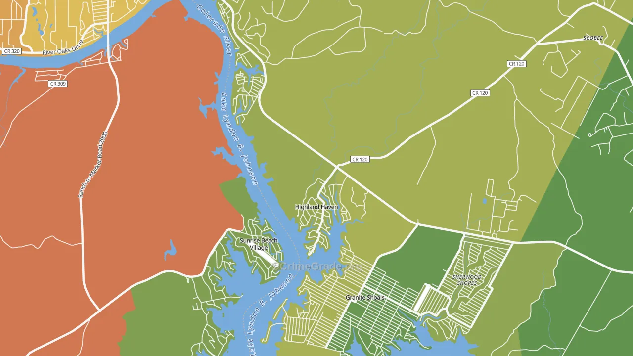 Highland Haven, TX Map of Vandalism Rates
