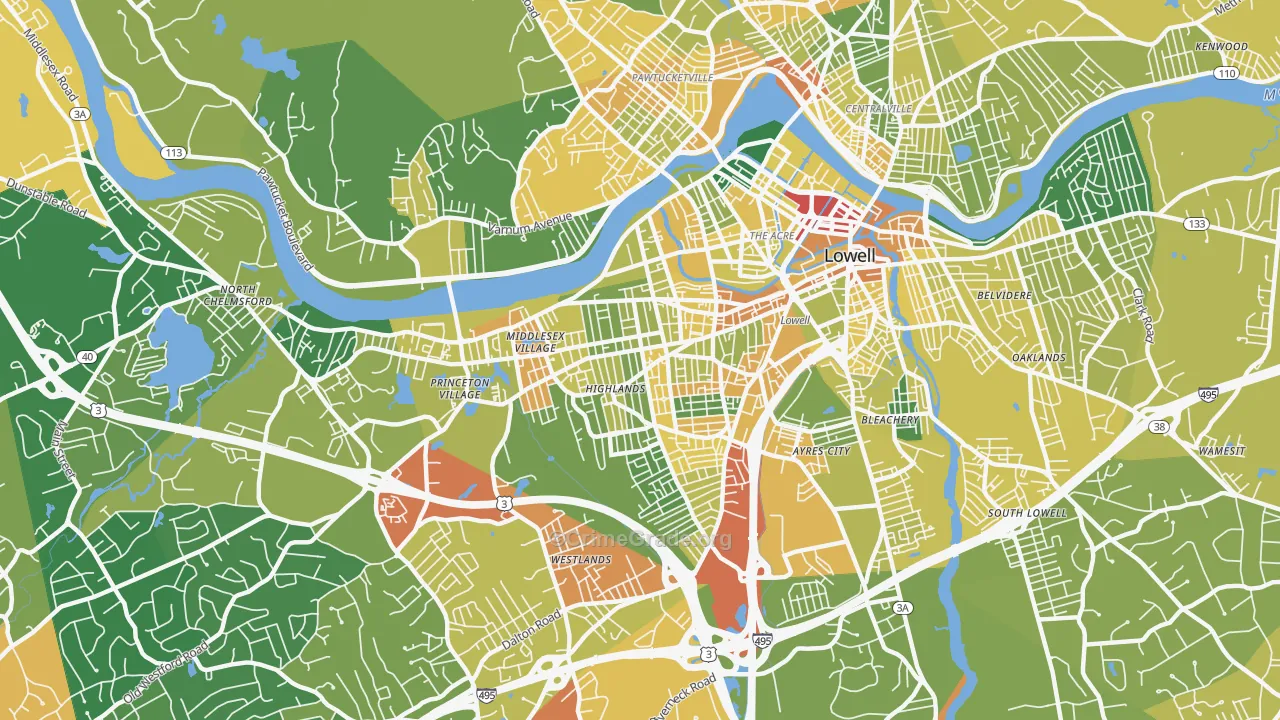 Highlands, Lowell, MA Map of Vandalism Rates