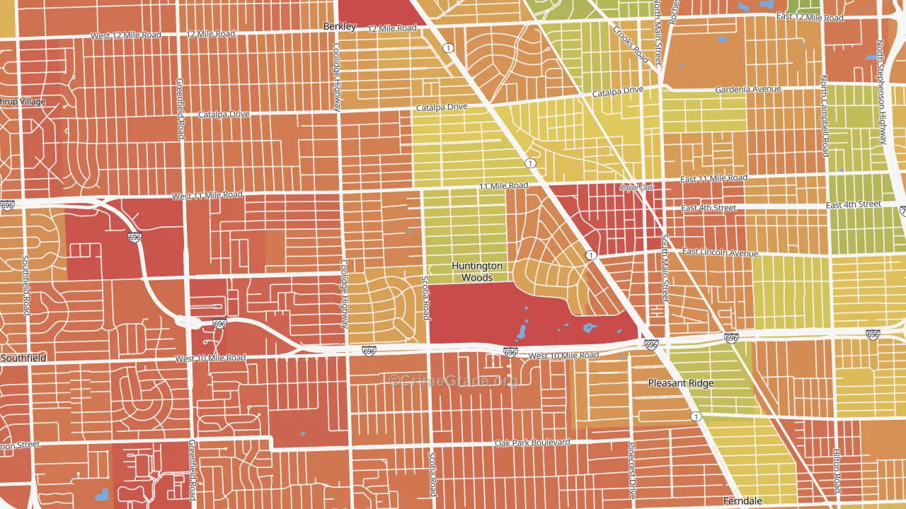 Huntington Woods, MI Map of Vandalism Rates