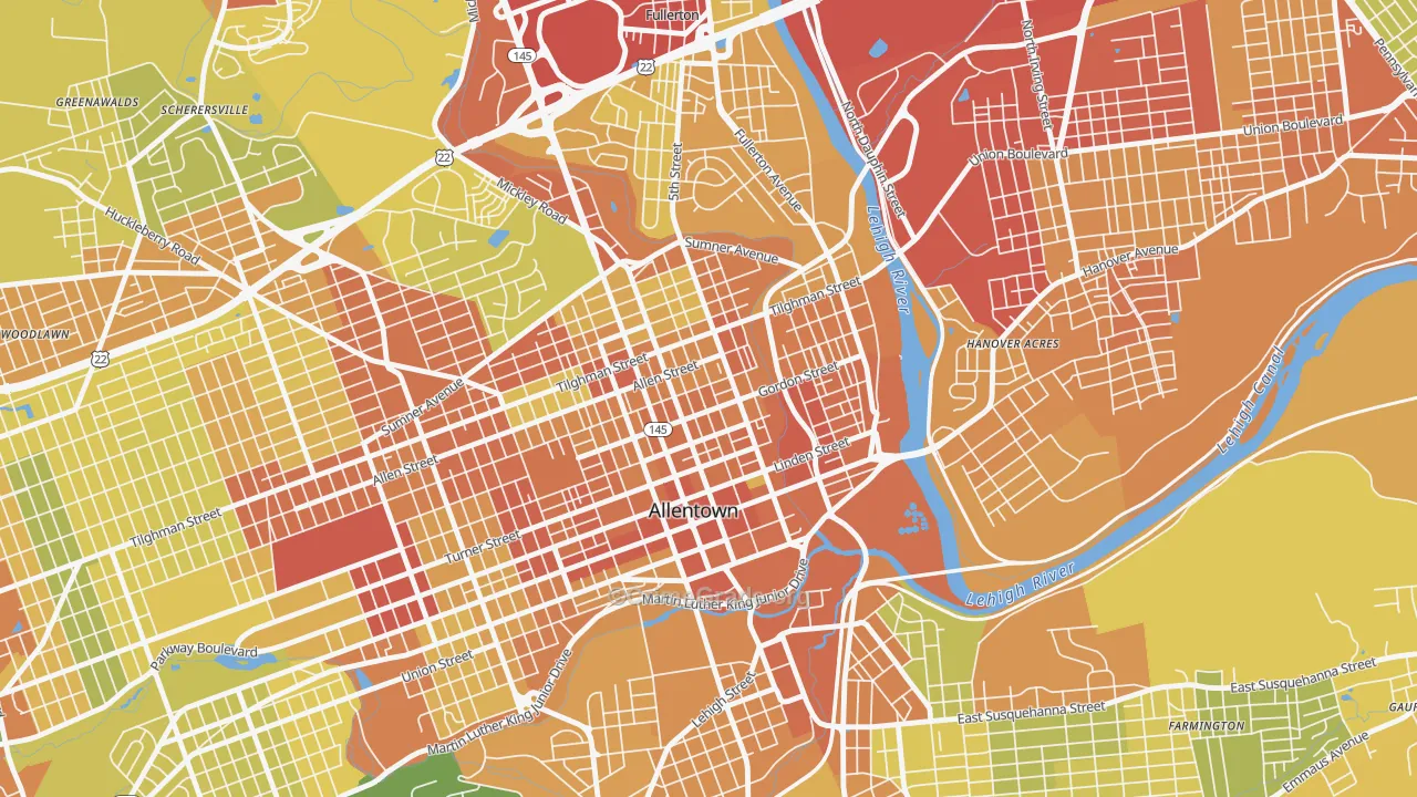 Jordan Heights, Allentown, PA Map of Vandalism Rates