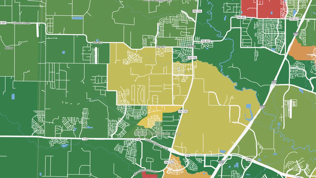 Justin, TX Map of Vandalism Rates