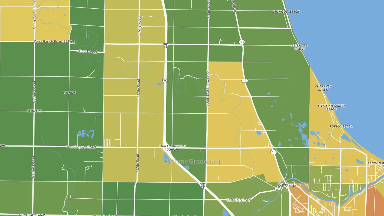 Kawkawlin, MI Map of Vandalism Rates