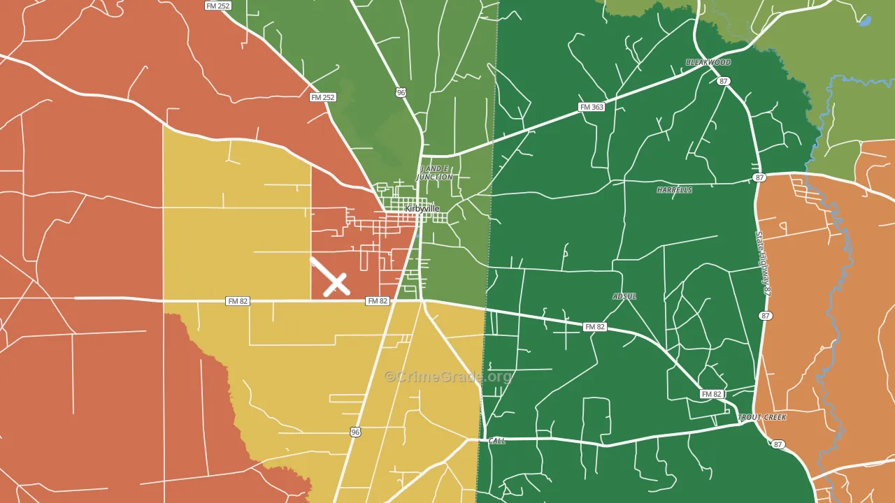 Kirbyville, TX Map of Vandalism Rates