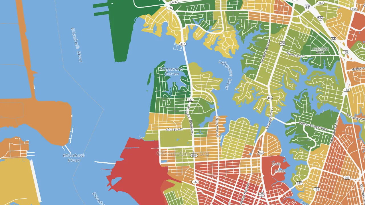 Larchmont-Edgewater, Norfolk, VA Map of Vandalism Rates