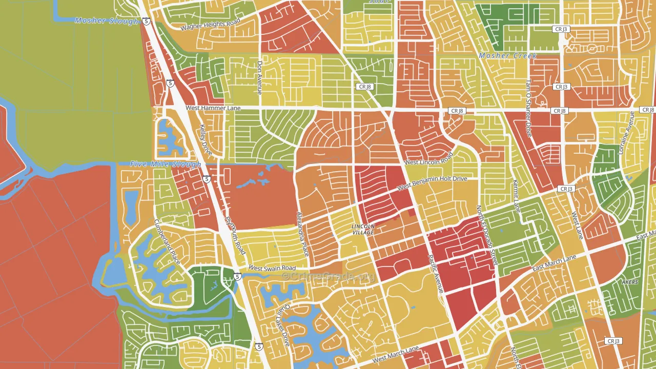 Lincoln Village Proper, Stockton, CA Map of Vandalism Rates