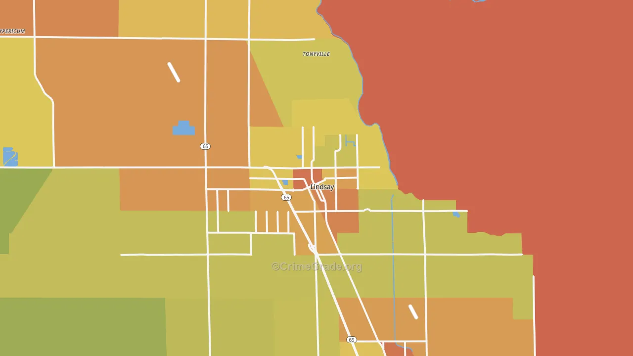 Lindsay, CA Map of Vandalism Rates