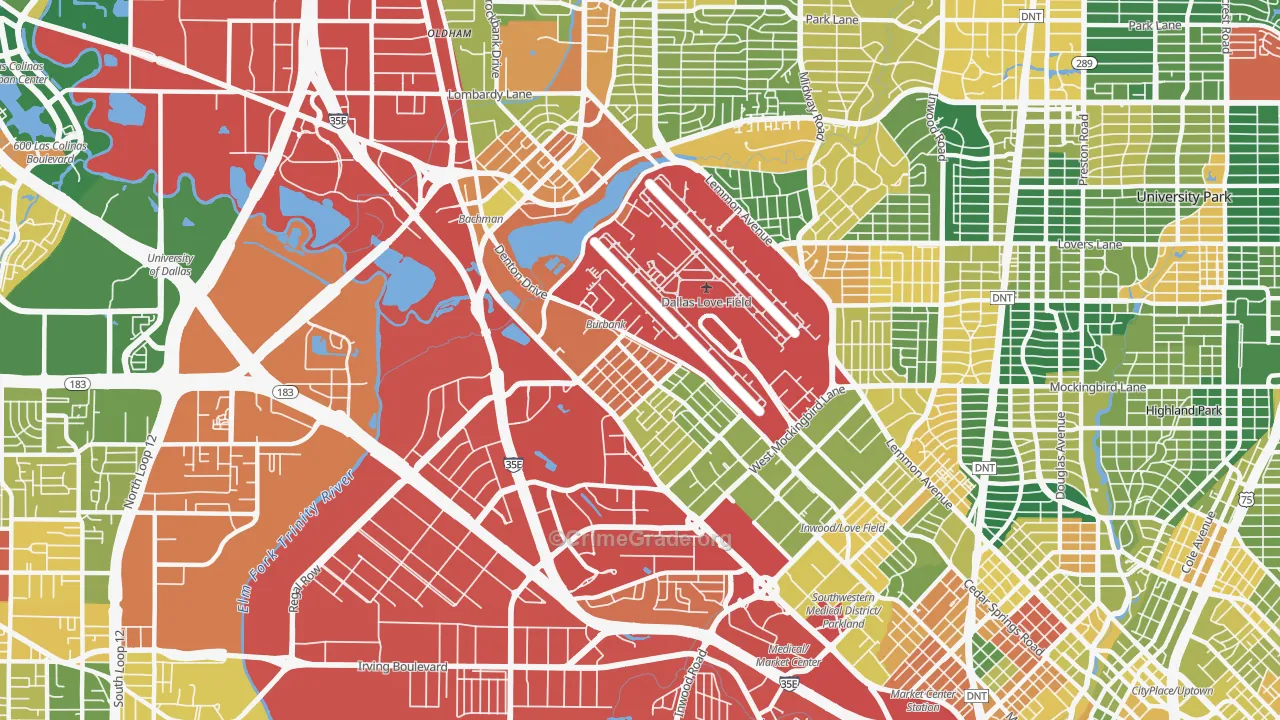 Love Field Area, Dallas, TX Map of Vandalism Rates