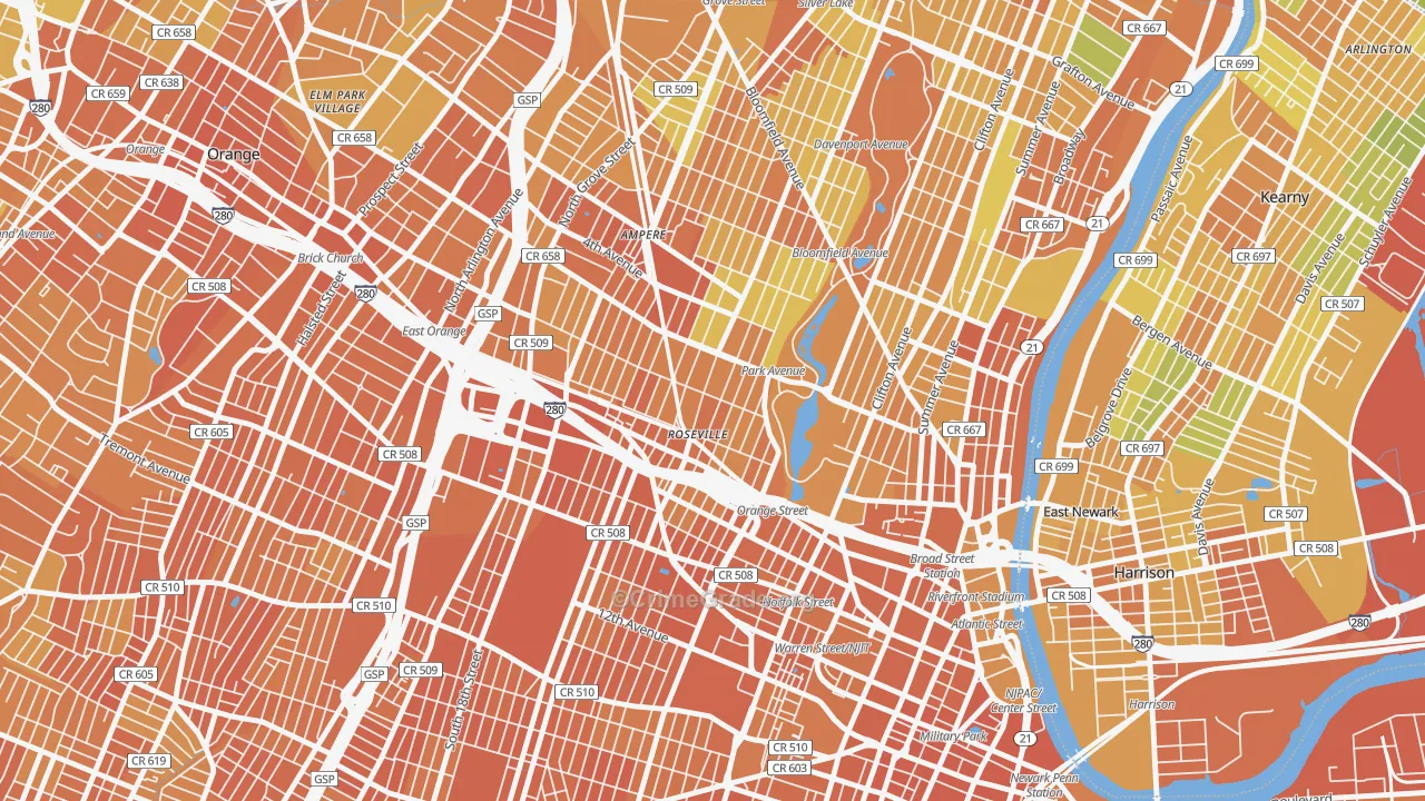 Lower Roseville, Newark, NJ Map of Vandalism Rates