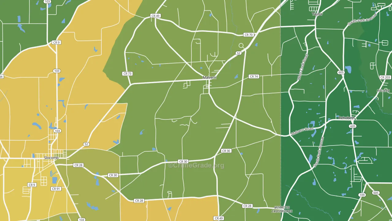 Malvern, AL Map of Vandalism Rates